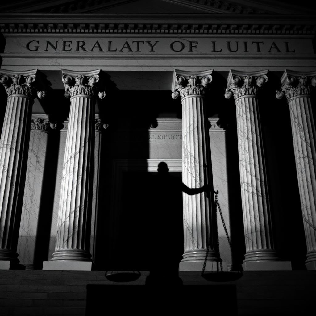 Marble courthouse columns with a silhouette of justice scales