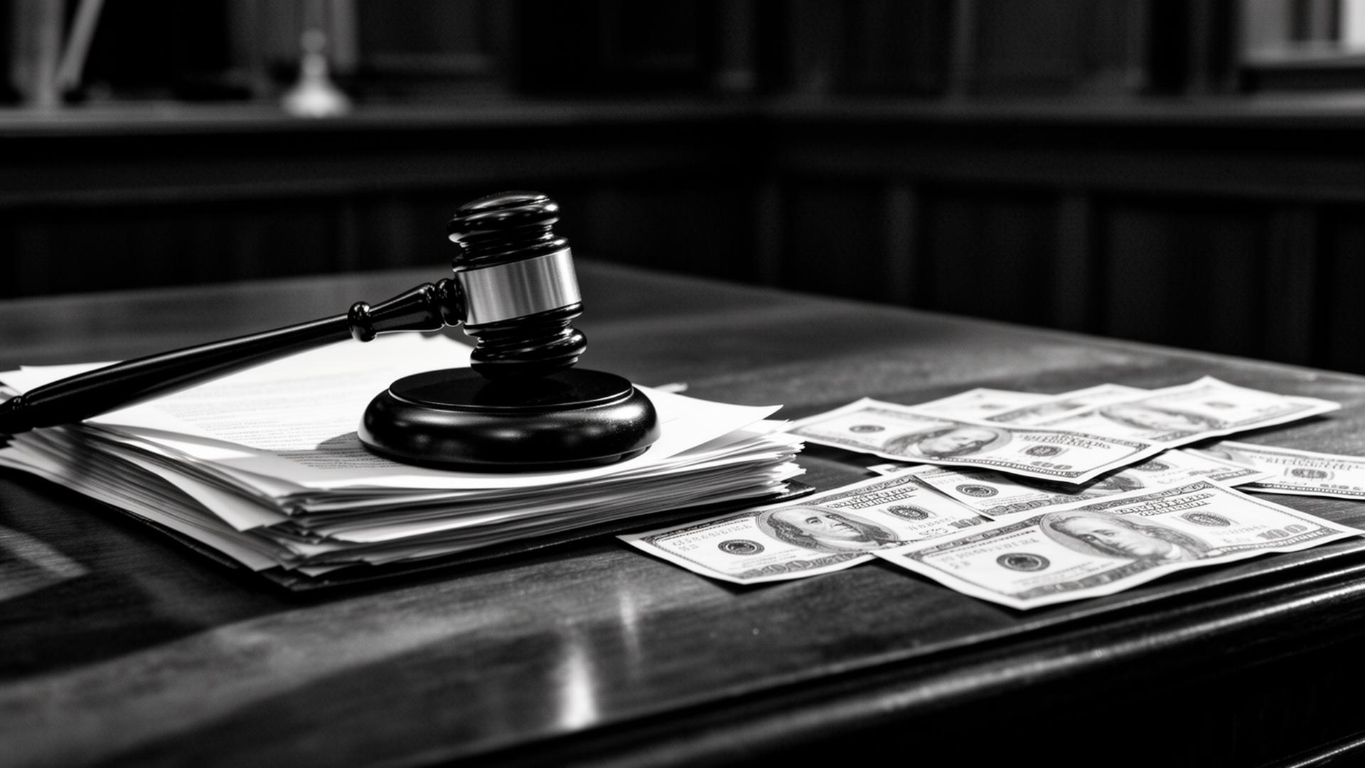 A gavel resting on legal documents next to scattered dollar bills on a dark courtroom desk