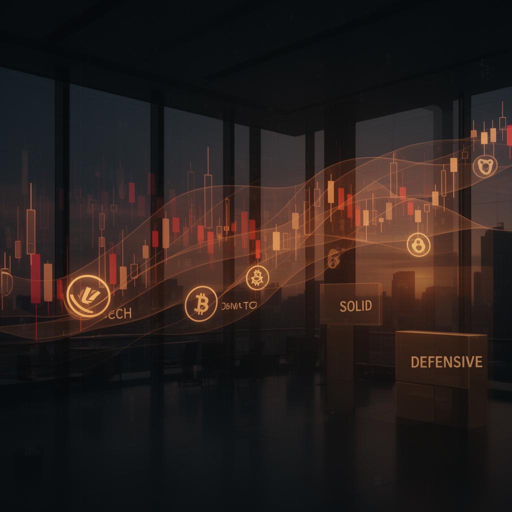 A dim trading floor at dusk overlaid with translucent candlestick charts shifting from glowing tech and crypto symbols toward solid defensive blocks