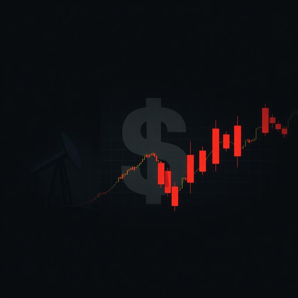 Dark editorial illustration: faint oil derrick silhouette, a translucent dollar sign, and red candlestick chart on a grid